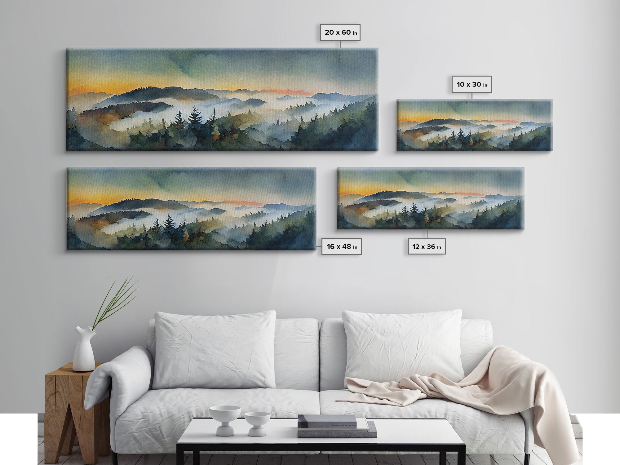 Beautiful Watercolor Landscape, Ready To Hang Canvas Print, Panoramic Art, Above Sofa Wall Art