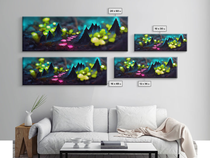 Luminescent trail in the forest, fantasy art, RPG concept art, tiny worlds, glowing mushrooms , Ready To Hang Canvas Print, Panoramic Art,