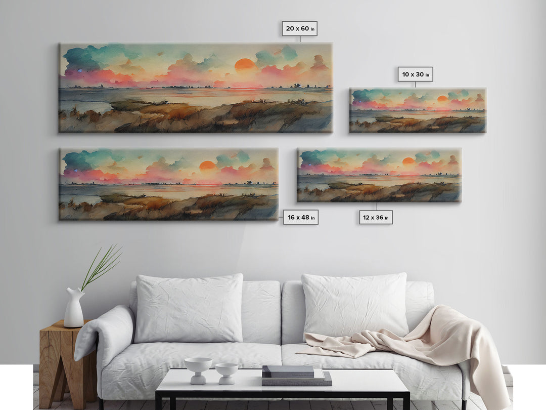 Watercolor Landscape Painting Print, Ready To Hang Panoramic Canvas Print, Whimsical Water Color Sunset, Hazy Smoky Sky