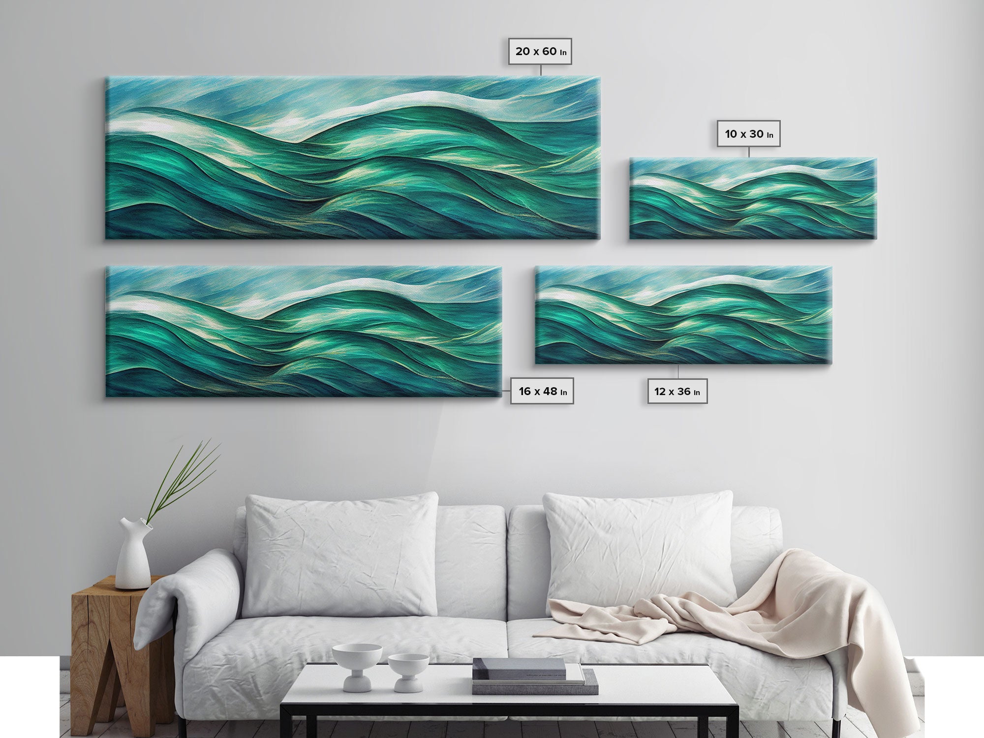 Sea Green Ocean Waves, Ready To Hang Canvas Print, Panoramic Art Deco Style Wall Decor, Emerald Green Wall Art