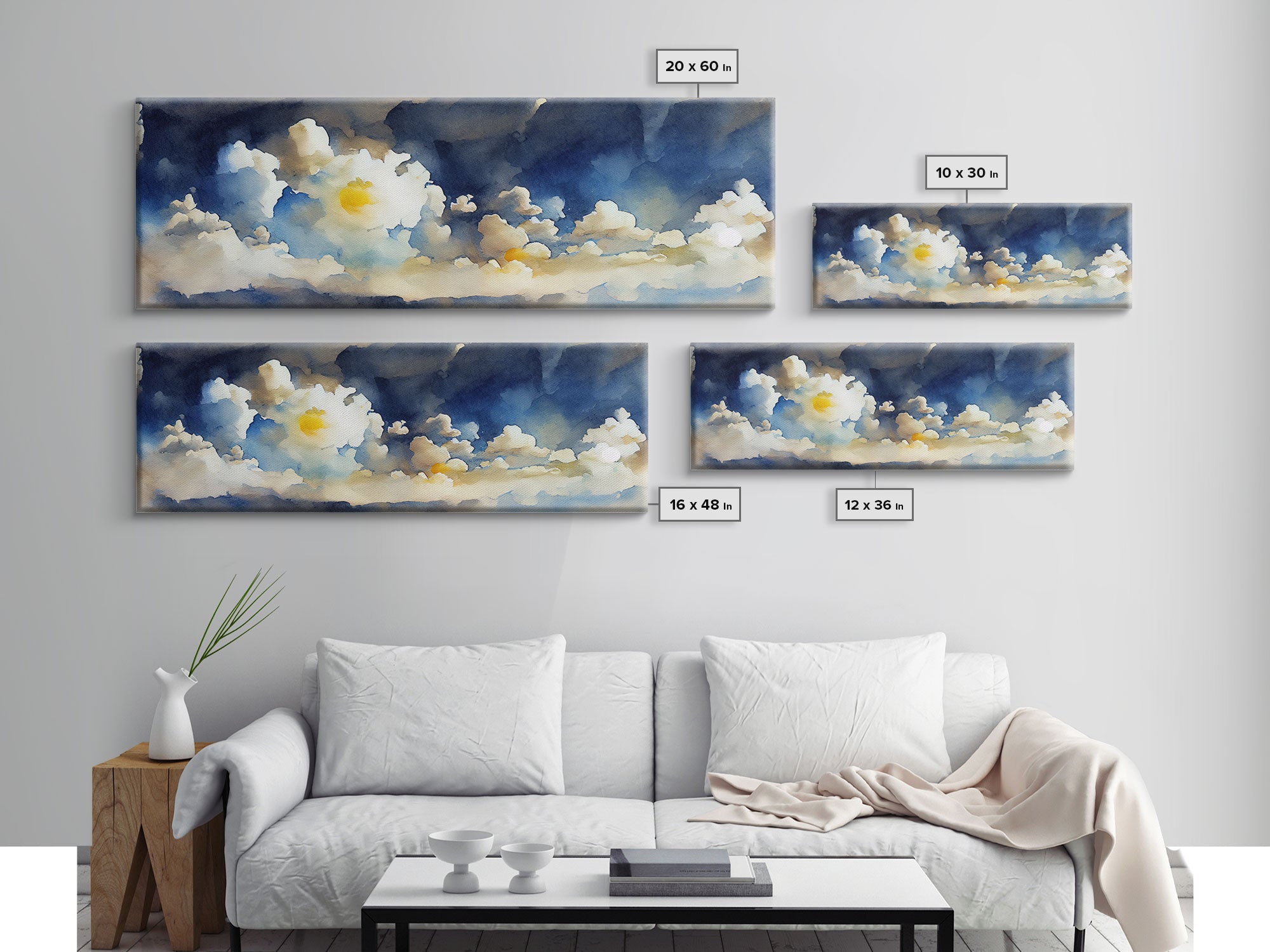 Whimsical Clouds Wall Decor, Ready To Hang Canvas Print, Panoramic, Clouds and Blue Sky, Guest Room Art, Above Bed Art