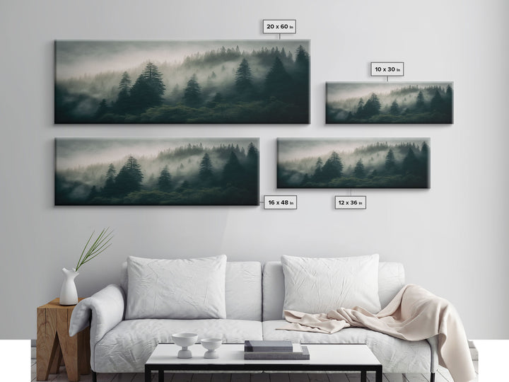 Panoramic watercolor of a misty forest fog, wall art, framed canvas print, farmhouse decor, foggy pine tree forest landscape, cabin art