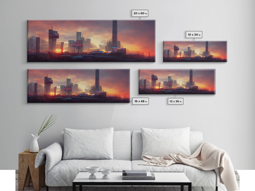 Cyberpunk Cityscape, Metropolis Art, Ready To Hang Canvas Print, Panoramic, Night City Watercolor Concept Art