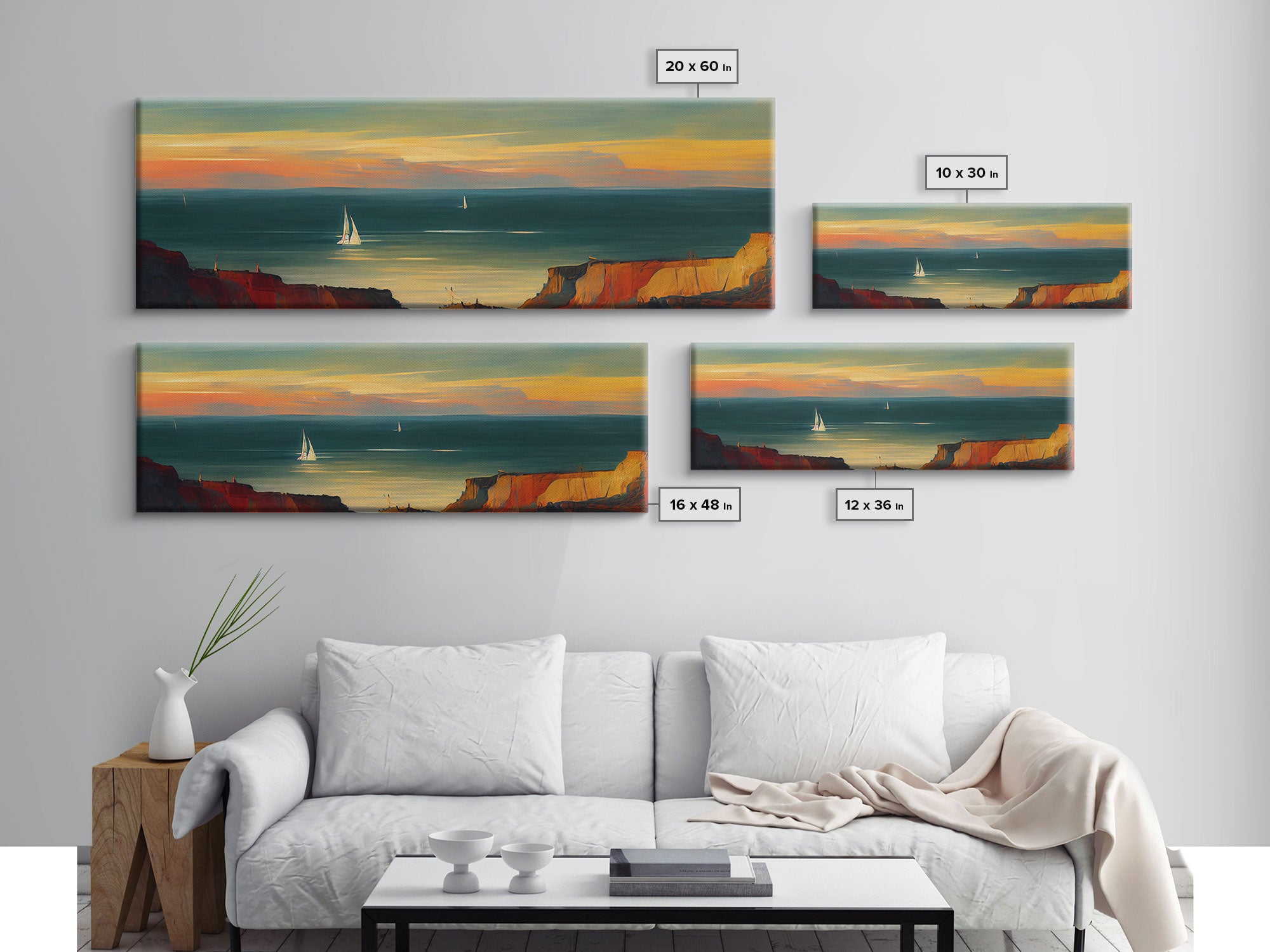 Pueblo Style Wall Decor, Ready To Hang Canvas Print, Panoramic Art, Sailboats On The Open Ocean, Nautical Wall Decor