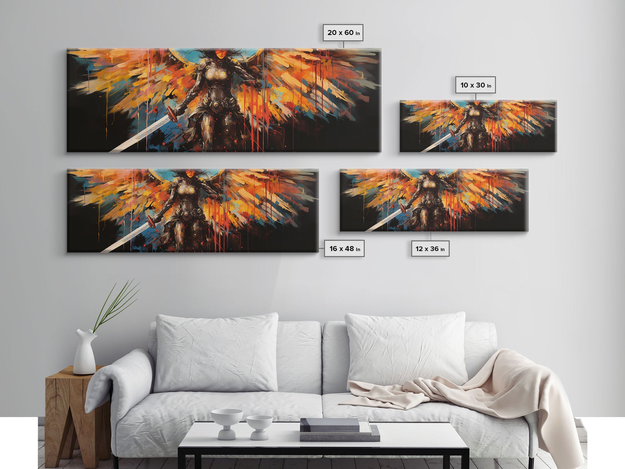 The Battle Angel, Framed Canvas Print, Game Room Art, Panoramic Painting, Panoramic Wall Art, Extra Large Wall Art