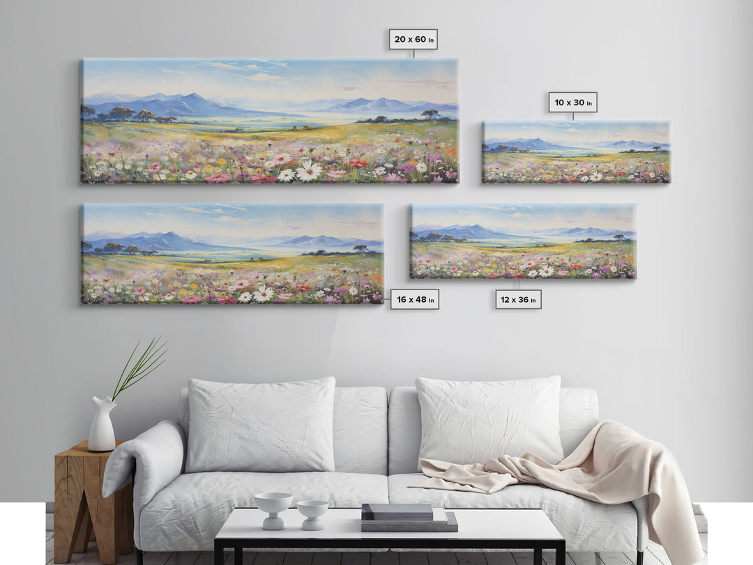 Beautiful Wildflowers Watercolor Painting Framed Canvas Print, Ultra Wide Panoramic Wall Art, 20 x 60 Art, Springtime Decor