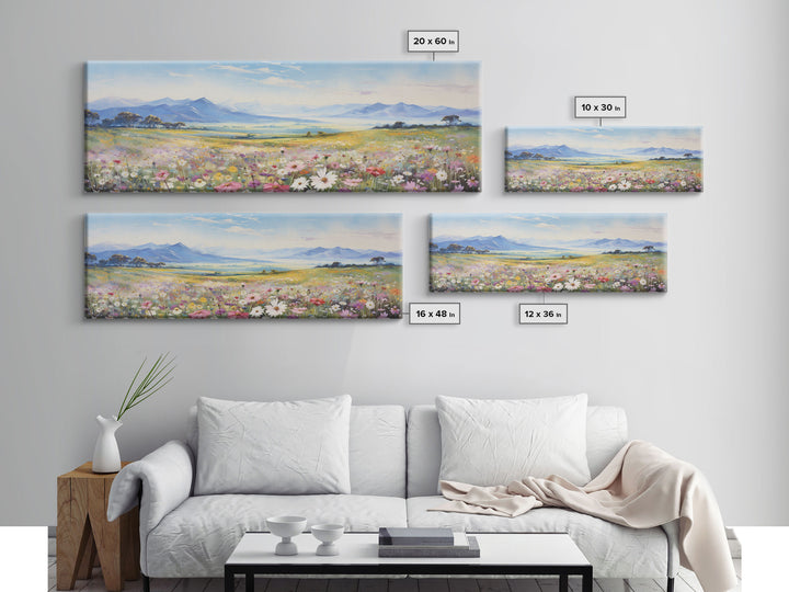 Beautiful Wildflowers Watercolor Painting Framed Canvas Print, Ultra Wide Panoramic Wall Art, 20 x 60 Art, Springtime Decor