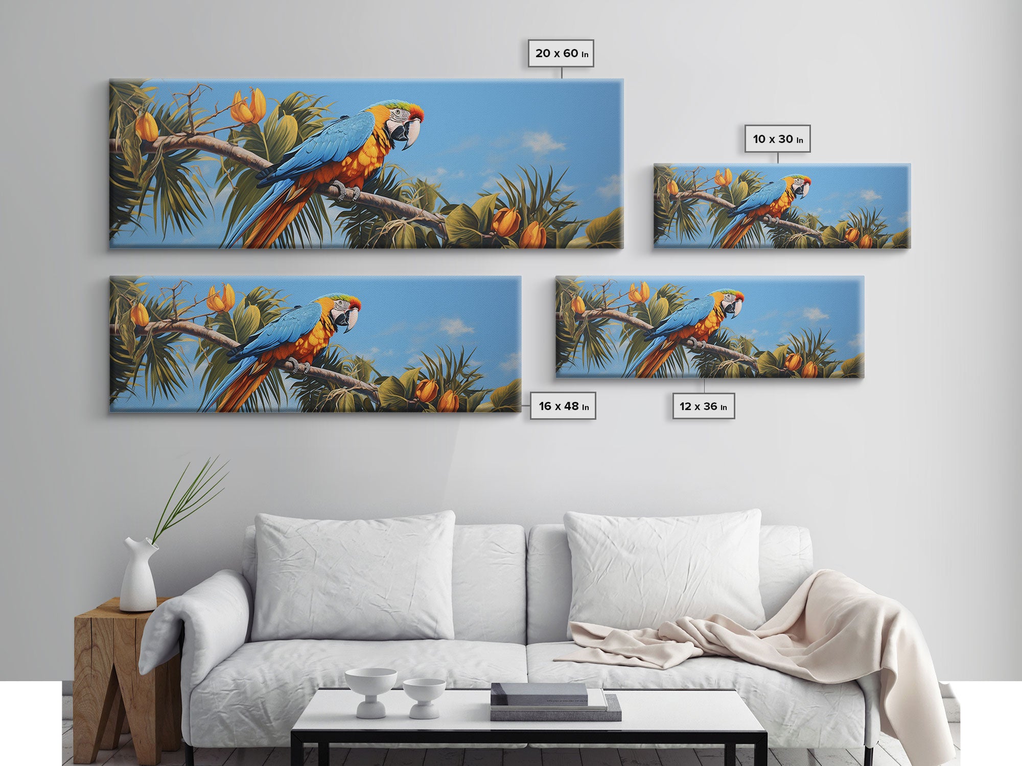 Panoramic Photo Print Of a Parrot, Framed Canvas Print, Tropical Beach Decor