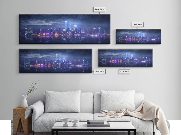 Cyberpunk Hong Kong City Skyline, Framed Canvas Print, Cyberpunk Style Wall Art, Synthwave Decor, Videogame Concept Art