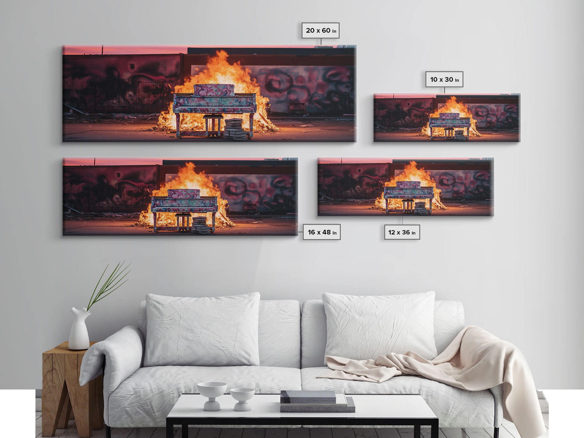 The Burning Piano, Urban Decay Art, Street Art, Framed Canvas Print, Graffiti Art, Panoramic Wall Art