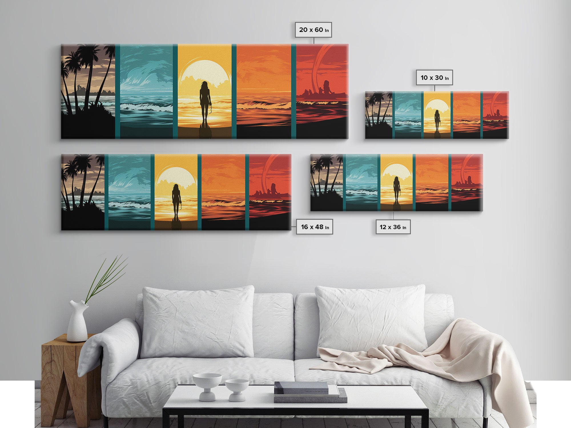 Warhol Inspired Pop Art Print, 6 Phases Of The Ocean Wave, Sunset To Sunrise, Beach Decor, Panoramic Pop Art Painting Framed Canvas Print