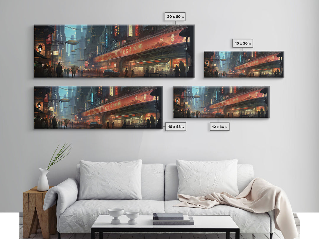 Futuristic Cyberpunk City, Framed Canvas Print, Dystopian Art, Metropolis Painting, Unique Office Decor