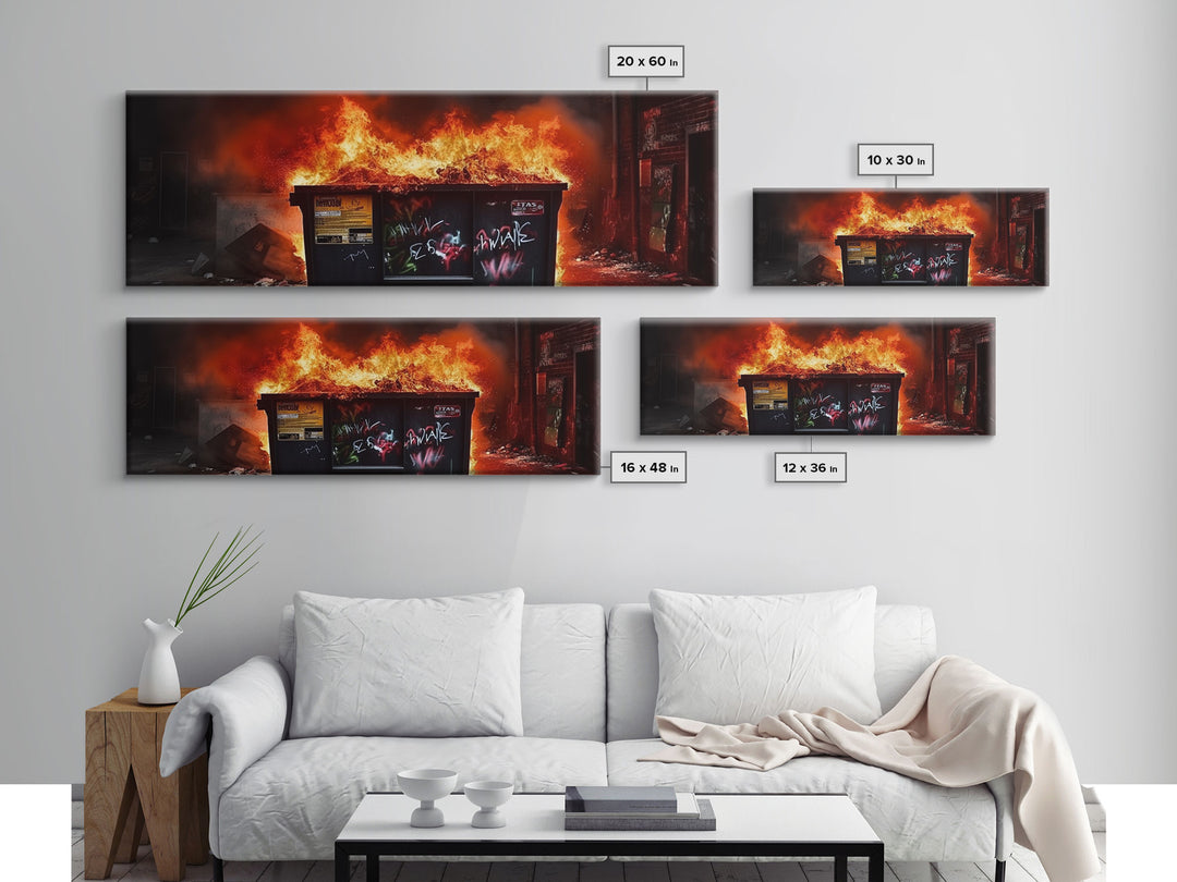 A Bigger Dumpster Fire, Panoramic Canvas Print, Framed Wall Art, Wall Decor, Graffiti Art