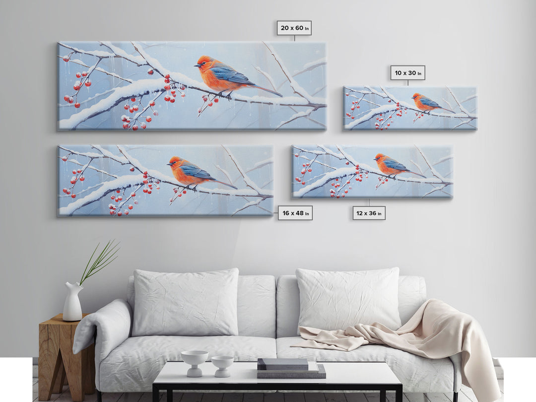 Panoramic Print of a Bluebird In A Snow Storm, Winter Decor, Christmas Centerpiece, Beautiful Animal Print, Animal Painting, Canvas Print