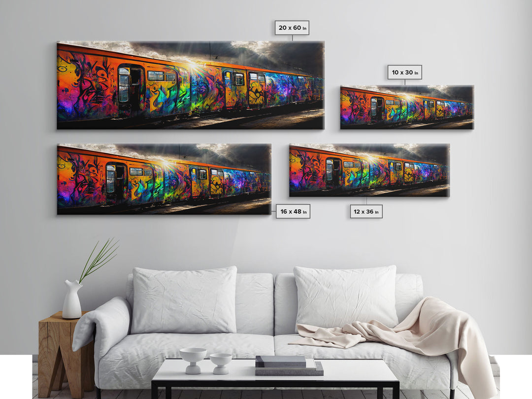 Graffiti Covered Train, Colorful Graffiti Art, Extra Large Wall Art, Framed Panoramic Canvas Print, Framed Wall Decor | Wall Art