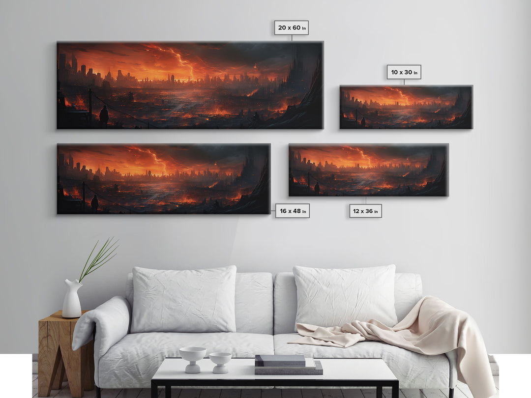 The Burning City Panoramic Canvas Print, Framed Halloween Art, Spooky Decor, Halloween Art, Halloween Wall Art, Halloween Art Print