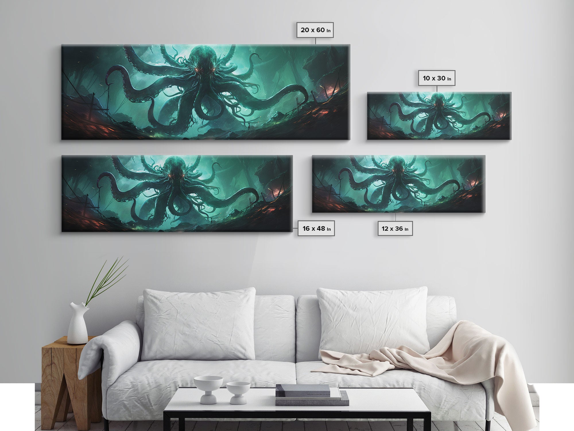 Rise Of Cthulhu Framed Canvas Print, Panoramic Call of Cthulhu H.P. Lovecraft Cosmic Horror Steampunk Gothic Darrk Art Wall Decor