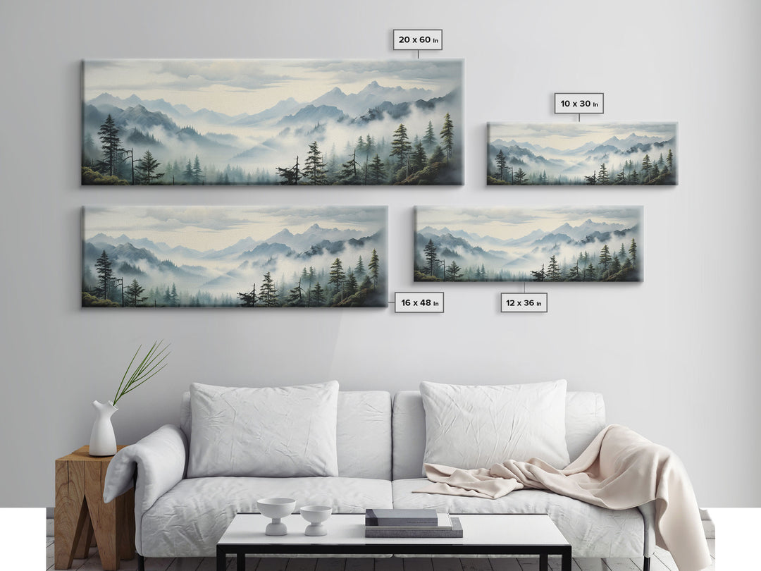 Foggy Mountain Forest Canvas Print, Oil Landscape Painting On Canvas - Ready To Hang Large Panoramic Canvas Wall Art Prints, Framed Wall Art