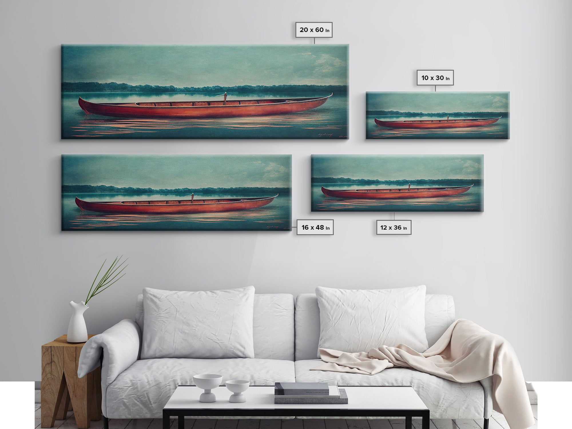 Cool Lakehouse Art, Canoe on the Lake Watercolor, Extra Large Wall Art, Framed Panoramic Canvas Print, Framed Wall Decor