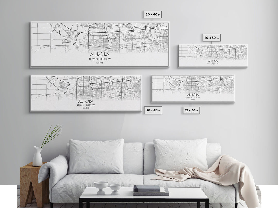 Panoramic Aurora City Map, Illinois Art, Map Print, Minimalist Wall Art, Canvas Art, Housewarming Gift, Street Map Art, Closing Gift