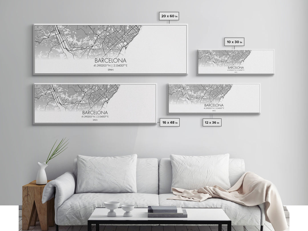 Panoramic Barcelona City Map, Spain Art, Map Print, Minimalist Wall Art, Canvas Art, Housewarming Gift, Street Map Art, Closing Gift