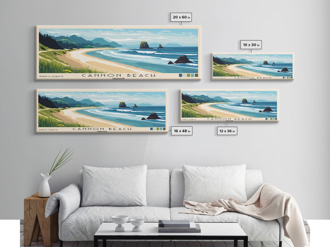 Cannon Beach, Oregon Panoramic Beach Print, Vacation Gift, Oregon Wall Art, Beach Painting, Beach Decor, Beach Painting