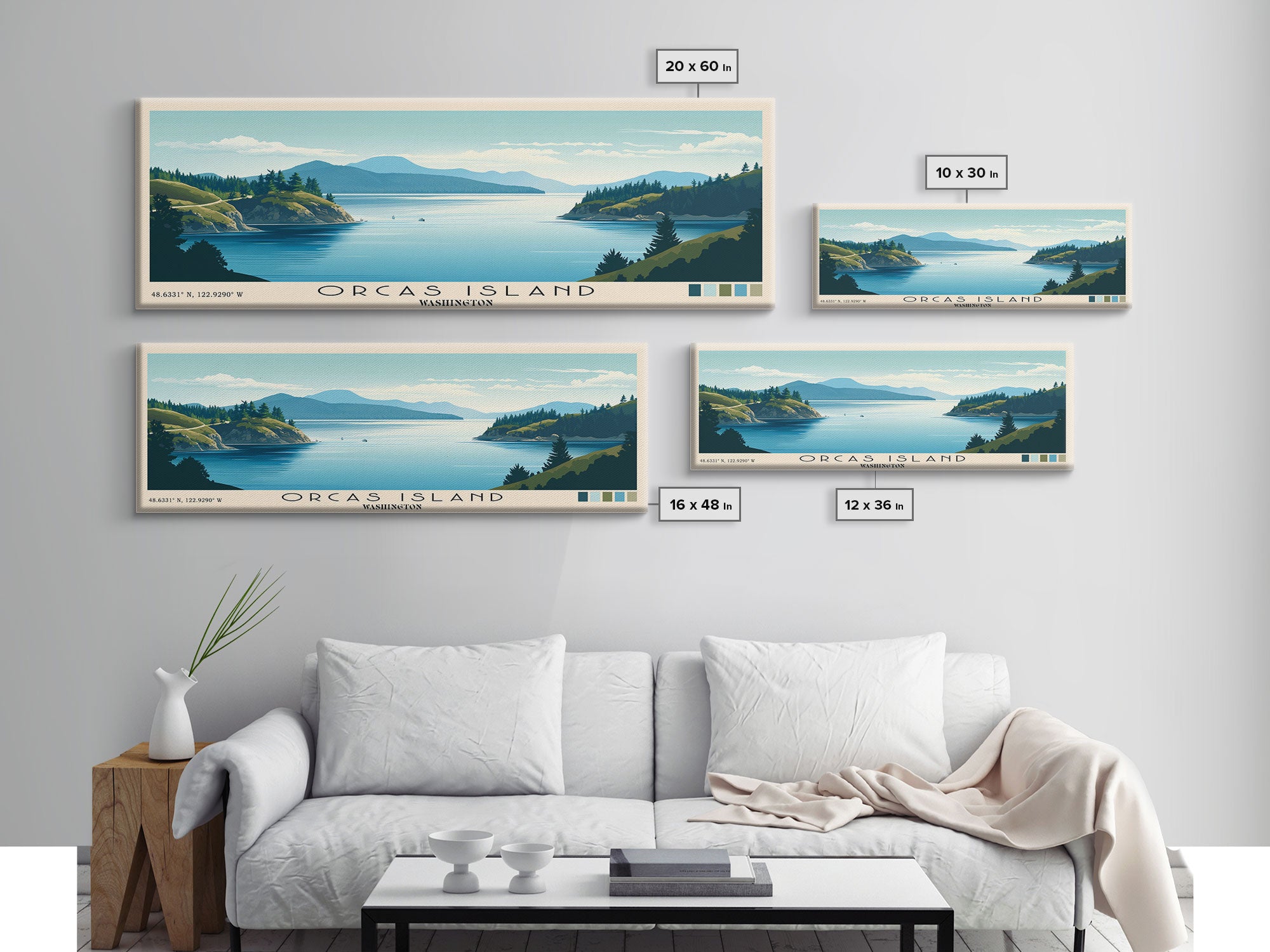 Orcas Island, Washington Panoramic Beach Print, Vacation Gift, Washington Wall Art, Framed Canvas Print, Framed Beach Painting