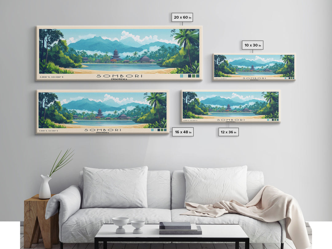 Sombori, Indonesia Panoramic Beach Print, Vacation Gift, Indonesia Wall Art, Beach Painting, Beach Decor, Beach Painting