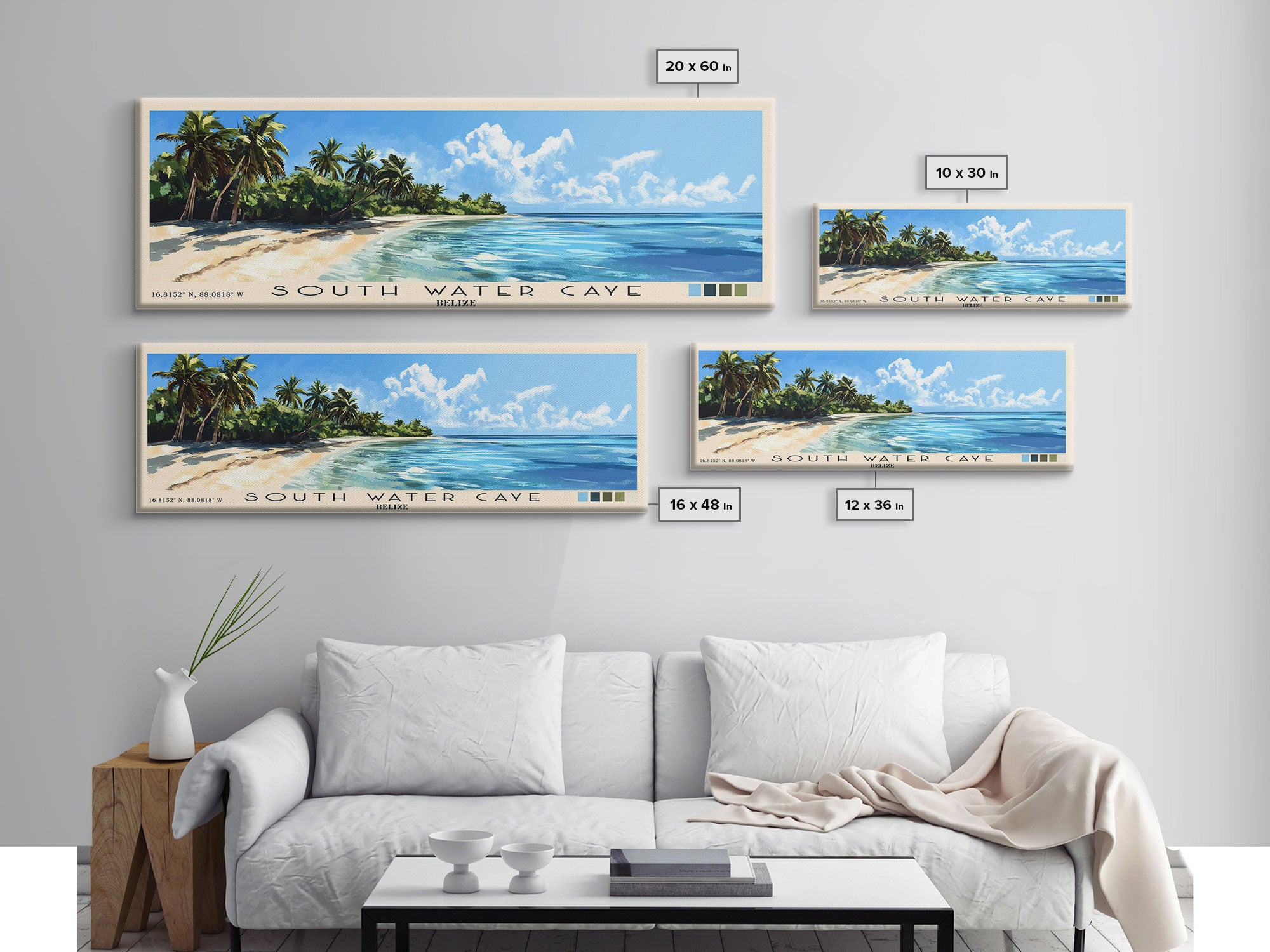 South Water Caye, Belize Panoramic Beach Print, Vacation Gift, Belize Wall Art, Framed Canvas Print, Framed Beach Painting