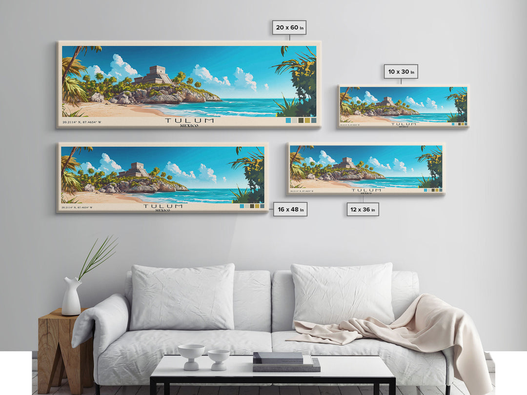 Tulum, Mexico Panoramic Print, Vacation Gift, Mexico Wall Art, Beach Painting, Beach Decor, Large Wall Art, Wood Frame Art