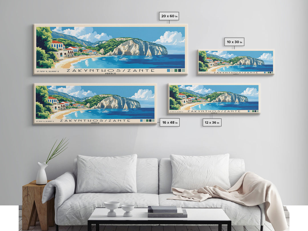 Zakynthos/Zante, Greece Panoramic Beach Print, Vacation Gift, Greece Wall Art, Framed Canvas Print, Framed Beach Painting