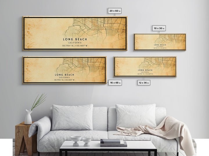 Panoramic Long Beach map print poster or framed canvas | California map print poster canvas | city map print poster canvas, distressed map