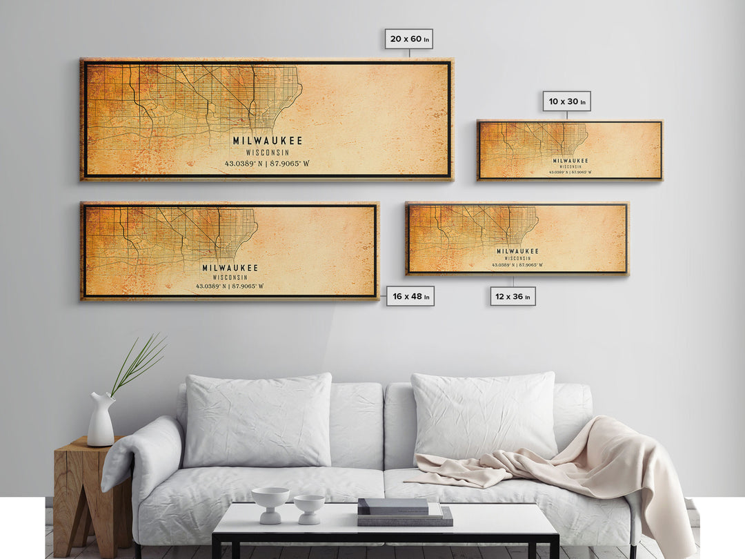 Panoramic Milwaukee Wisconsin Street Map Wall Art, Framed Canvas Print, Wisconsin Map Print Poster and Canvas, City Office Wall Art