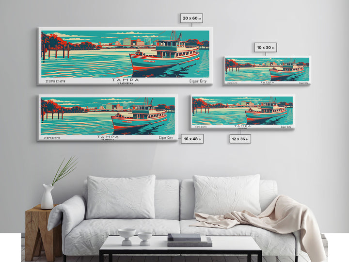 Tampa Florida Panoramic Travel Poster Framed Canvas Print, Mid Century Modern Art, Pop Art Style, Wall Art, Living Room Decor, Home Decor