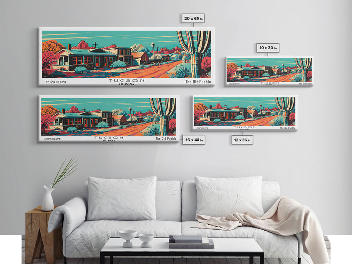 Tucson Arizona Panoramic Wall Art Framed Canvas Print, Travel Poster, Mid Century Modern Art, Pop Art Style, Wall Decor, Office Art