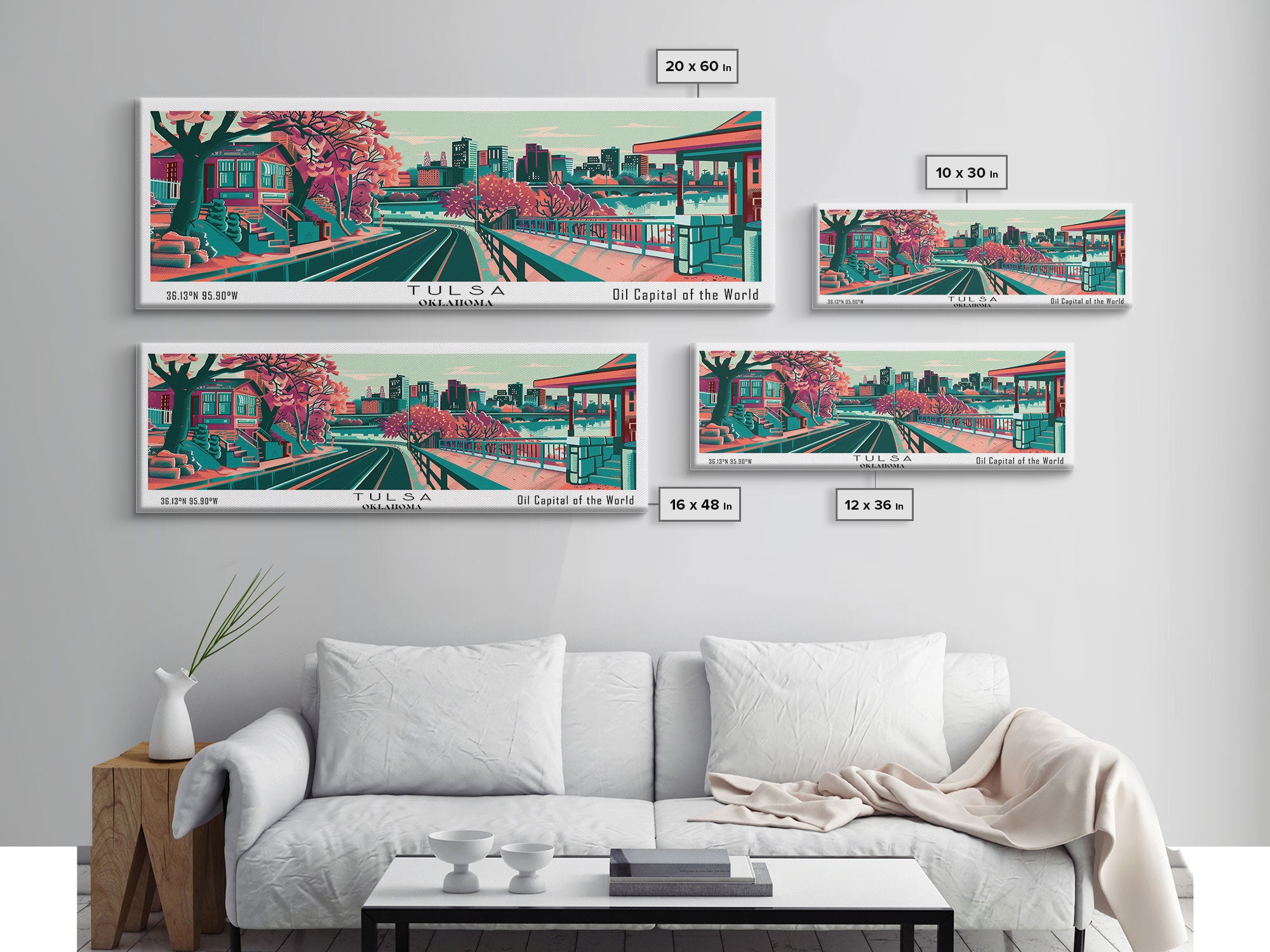 Tulsa Oklahoma Panoramic Painting Framed Canvas Print, Travel Poster, Mid Century Modern Art, Pop Art Style, Wall Decor, Living Room Art