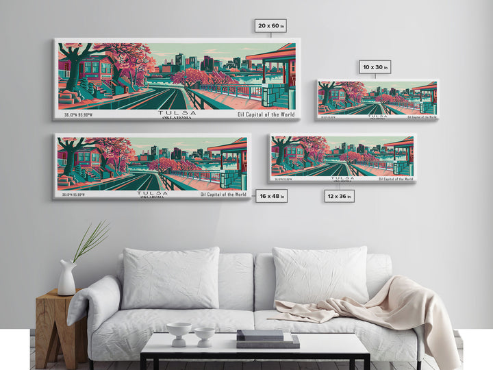 Tulsa Oklahoma Panoramic Painting Framed Canvas Print, Travel Poster, Mid Century Modern Art, Pop Art Style, Wall Decor, Living Room Art