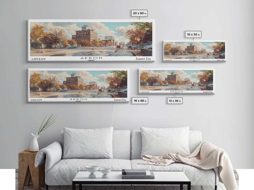 Akron Ohio Panoramic Watercolor Painting, Framed Canvas Print, Scenic City Art, Travel Poster, Wall Decor, Living Room Art, Office Wall Art