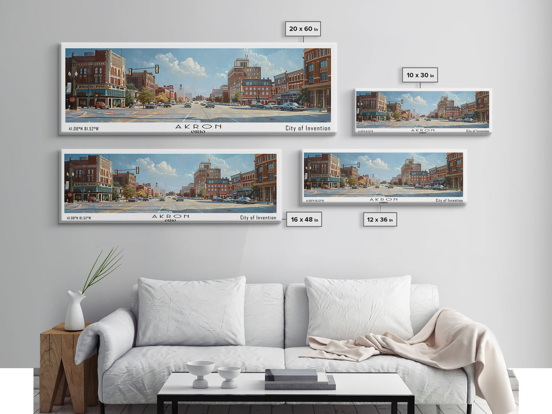 Akron Ohio Panoramic Painting, Watercolor Framed Canvas Print, Scenic Cityscape, Travel Poster, Home Decor, Wall Hanging, Living Room Art