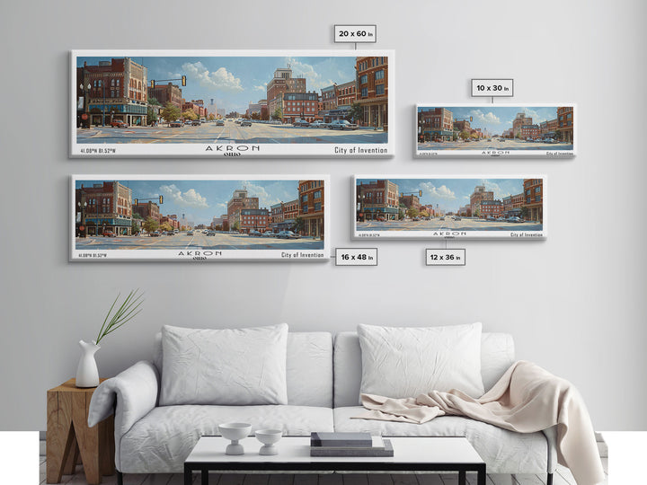 Akron Ohio Panoramic Painting, Watercolor Framed Canvas Print, Scenic Cityscape, Travel Poster, Home Decor, Wall Hanging, Living Room Art