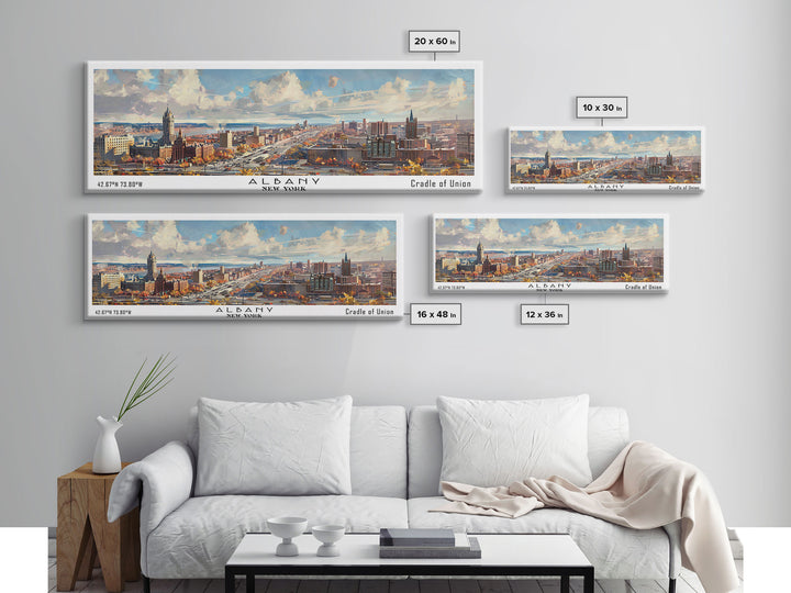 Albany New York Panoramic Painting, Watercolor Framed Canvas Print, Scenic City Art, Travel Poster, Home Decor, Wall Art, Gift Idea