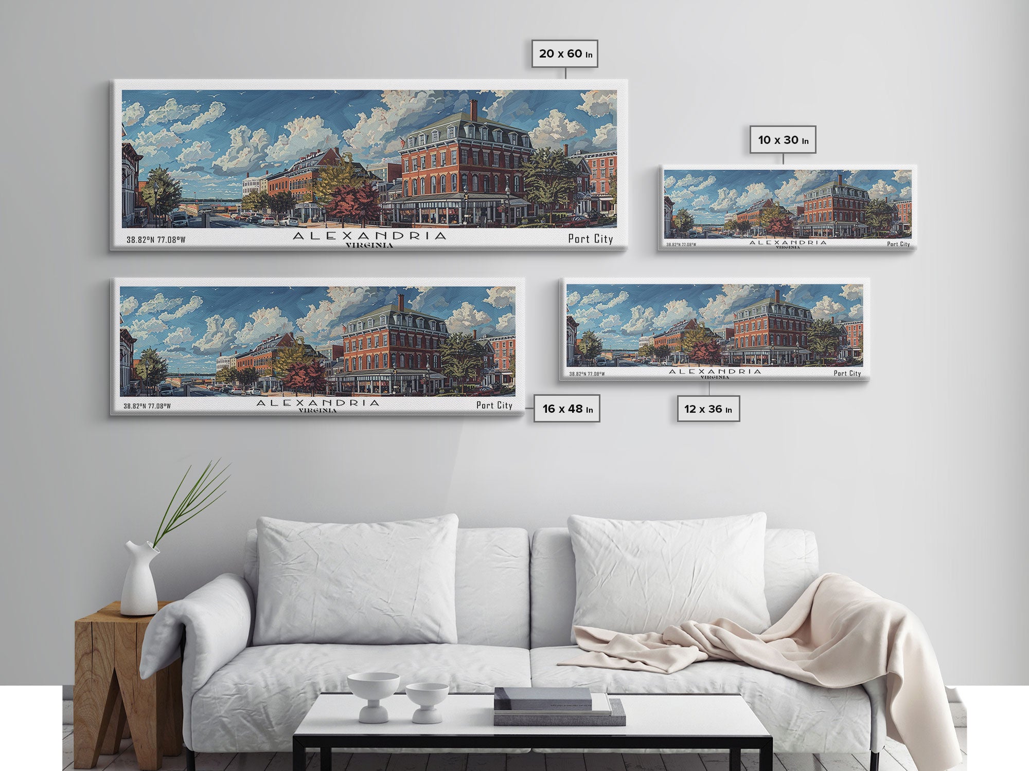 Alexandria Virginia Panoramic Painting, Watercolor Framed Canvas Print, Scenic City Art, Travel Poster, Wall Hanging, Home Decor, Living Room Art