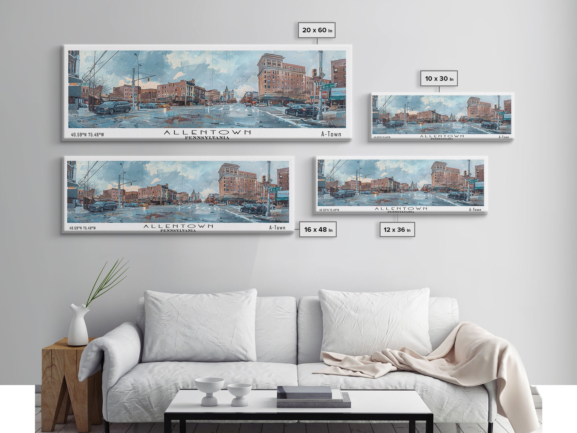 Allentown Pennsylvania Panoramic Painting, Watercolor Framed Canvas Print, Scenic City Art, Travel Poster, Home Decor, Office Wall Art, Gift Idea