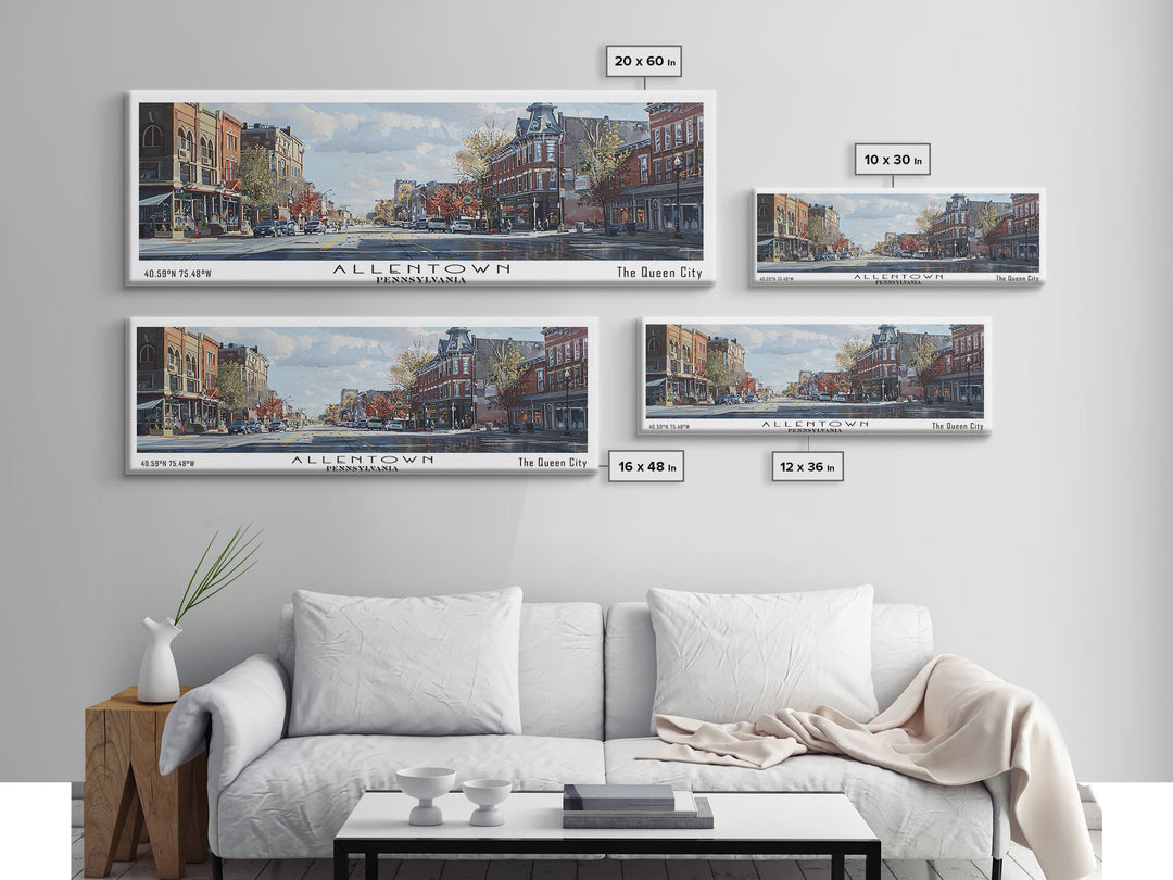 Allentown Pennsylvania Panoramic Watercolor Painting, Framed Canvas Print, Scenic City Art, Travel Poster, Home Decor, Wall Hanging, Living Room Art