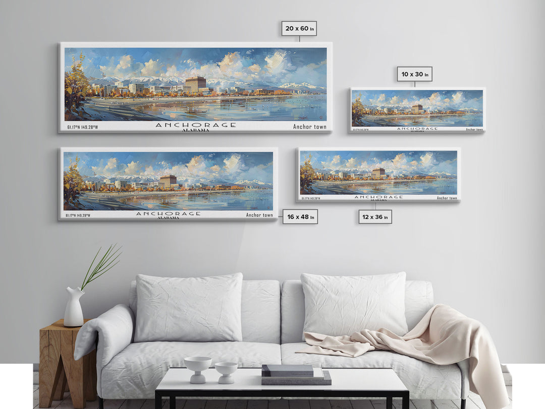 Anchorage Alaska Panoramic Painting, Watercolor Framed Canvas Print, Scenic City Art, Travel Poster, Wall Decor, Living Room Art, Office Wall Art