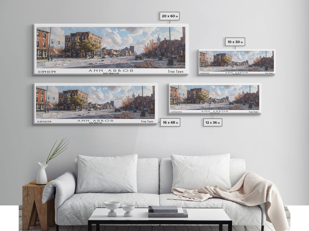 Ann Arbor Michigan Panoramic Watercolor Painting, Framed Canvas Print, Scenic City Art, Travel Poster, Home Decor, Wall Hanging, Gift Idea