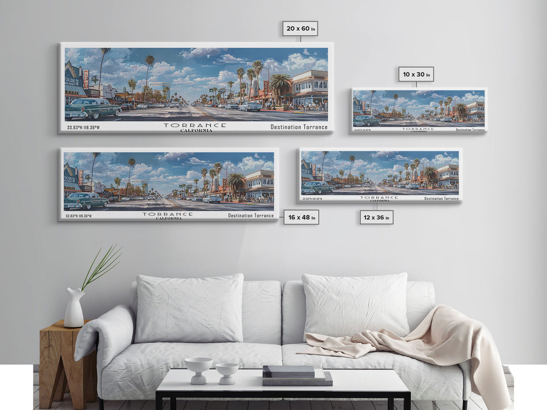 Torrance California Panoramic Framed Canvas Print, Artistic Travel Poster, Retro Wall Art, Unique Living Room Decor, Office Gift, Original Artwork