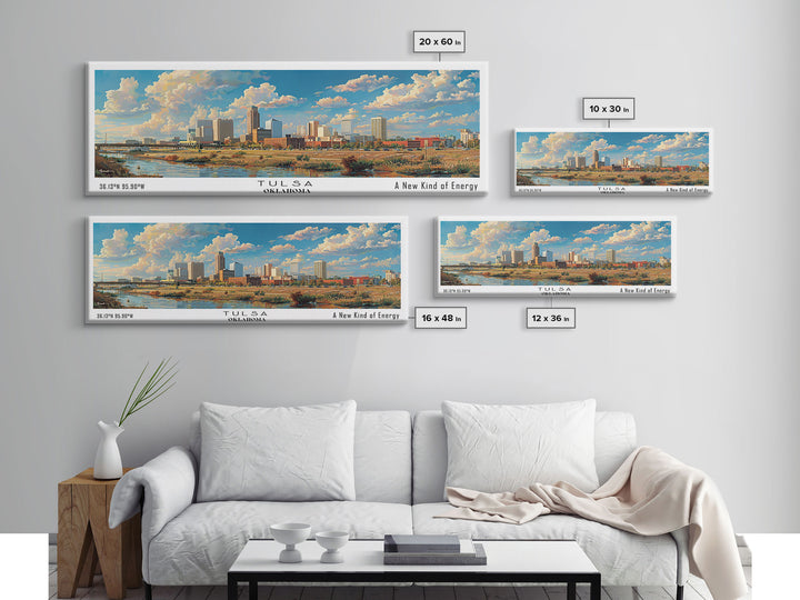 Tulsa Oklahoma Panoramic Framed Canvas Print, Retro Wall Art, Travel Poster, Artistic Living Room Decor, Unique Office Gift, Original Artwork