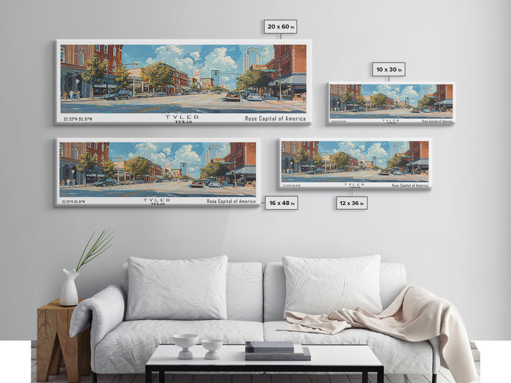 Tyler Texas Panoramic Wall Art, Framed Canvas Print, Retro Style Travel Poster, Unique Living Room Decor, Artistic Office Piece, Original Gift