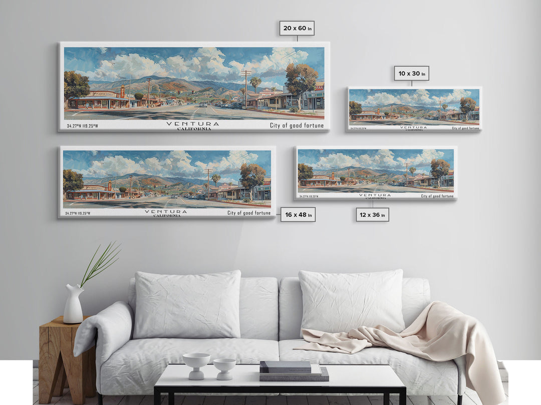 Ventura California Panoramic Painting, Framed Canvas Print, Artistic Travel Poster, Retro Wall Art, Unique Office Decor, Living Room Gift